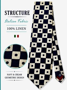 Structure Italian Fabric 100% Linen Navy/Cream Geometric Checkerboard Tie